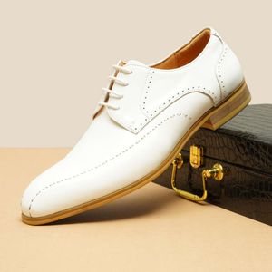 Italian Mens Dress Derby Genuine Cow Leather 2023 Summer New Breathable White Wedding Party Social Shoes for Male