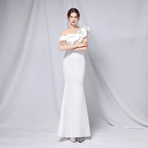 여자 빈티지 긴 쉬폰 이브닝 드레스 우아한 공식적인 단단한 빨간 흰색 인어 외피 계단식 프릴 웨딩 파티 240123