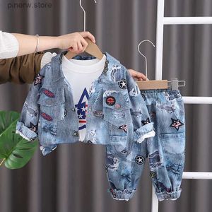 Kleidungssets 3PCS Baby Frühling Kinder Jungen Anzug 2024 Koreanischer Stil Bedruckte Jeansjacken + T-Shirts + Hosen für 12 bis 18 Monate Jungenkleidungssets