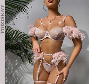 Sexy Set Muziskat Feathers Sex Bielizna luksusowe francuskie zestawy bielizny podwiązki dla kobiet koronkowe przezroczyste stringi i stanik erotyczny pakiet