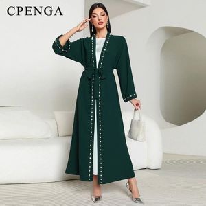 Abbigliamento etnico Set da 2 pezzi Abito musulmano verde per le donne Eid Arab Kimono aperto Abaya Elegante festa Jalabiya Islam Turchia Caftano marocchino