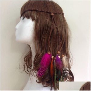 Pannband Peacock Feather Headwear Indian Böhmen Folk Bodband Handgjort vävt rep för flickor med pärlor 2 Styles Wholesale Drop Deli Dhxwp