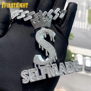 Correntes geladas carta auto feita pingente colar bling zircon cz coroa dólar símbolo emblema charme homens moda hip hop jóias