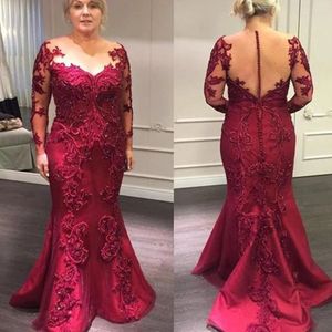 Vintage Vermelho Escuro Sereia Mãe Vestidos Sheer Jewel Neck Apliques Beads Mangas Compridas Mãe da Noiva Noivo Festa À Noite Vestidos de Convidados de Casamento