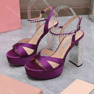 Satin Platform Heels Sandals Designer Women Shoes Crystal Chunky Heel Round Toes Dress Shoes Fashion Rhinestone Party Wedding Factory Factorwear 10a With Box 35-41