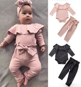 Bebê meninas conjunto de roupas babados macacão manga longa crianças roupas designer meninas cintura elástica calças doces cor 2 pçs terno 03t8749920