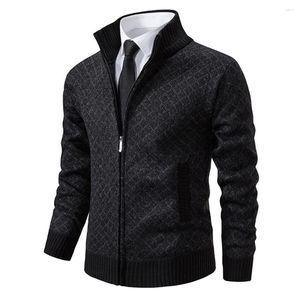 Camisolas masculinas Quente Inverno Malhas Mens Fleece Forrado Cabo De Malha Cardigan Slim Fit Sweater Stand Collar Cor Sólida Casaco Casual Moda