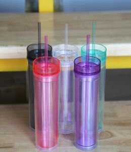 6 Colors 16OZ Skinny Acrylic Tumbler with Straw Double Wall Clear Plastic Cup BPA Straight water bottles Acrylic Travel Cup M9983495