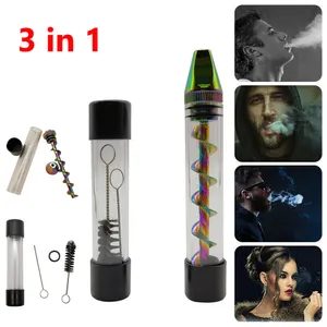 Glass Mini Tube Twisty Blunt Reting Pipe Blunt Metal Tip w/ Cleaning Brush