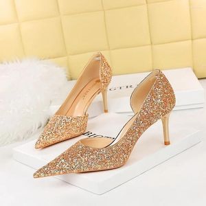 Sapatos de vestido Bigtree 2024 Mulheres 7cm Salto Alto Ouro Sparkly Nightclub Bombas Sexy Lantejoulas Bling Low Lady Scarpins Luxo Stiletto