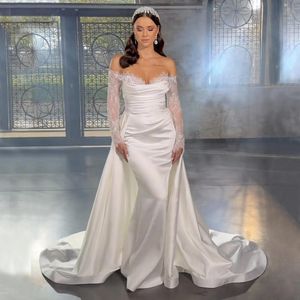 Stunning Mermaid Overskirt Wedding Dresses With Detachable Train Bridal Gowns Lace Long Sleeves Off The Shoulder Neckline Satin Vestido De Novia