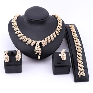 Nigerian Dubai African Gold Silver Plated Crystal Leopard Necklace Earrings Ring Bracelet Bridal Jewelry Sets For Women Wedding Pa2286