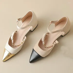 Sandals High Quality Golden Pointed Toe Metal Chain Strap Elegant Woman Shoes Summer Low Heels Small Size 32 33