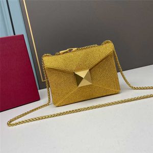 Fashionable Diamond Inlaid Crystal Chain Women's Bag with Large Rivet Flap Versatile Underarm Leather One Shoulder Crossbody Bag 240115
