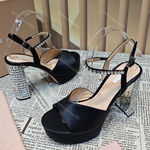 Top Quality Platform Heels Sandaler Designer Kvinnor Skor Crystal Dress Shoes Chunky Heel Round Toes Fashion Rhinestone Party Wedding Factory Factorwear 10a With Box