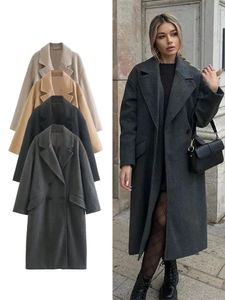 Traf Women's Doubleabreaded Warm Trench Coat Fall and Winter Fashion vneck Longleeved Pocket Tweed Women long 240122