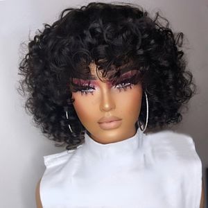 14inch Mongolian Hair Short Hair Afro Kinky Curly Wigs with Bangs for Black White Women Glueless Natural Curly Bob Wig High Temperature