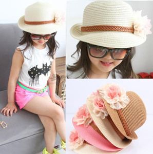 Baby Flower Caps Barn Straw Fedora Hatts Girls Sun Hat Summer Jazz Cap Two Flower Sunhat Children Beach Hats2360601