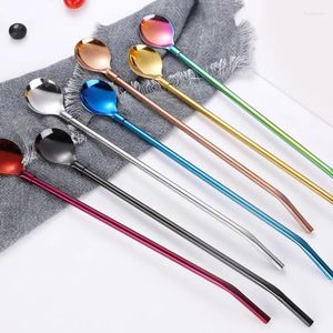 Drinking Straws 7 Colors Straw Spoon Stainless Steel Long Reusable Metal Spoo Tea Coffee Mixing