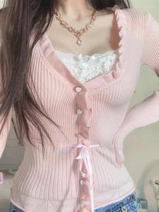 Mulheres Camisetas Weekeep Sweet Ruched Rosa Crop Top Cute Lace Patchwork Manga Completa Skinny Y2K Fairycore Fall Knitwear Outfits