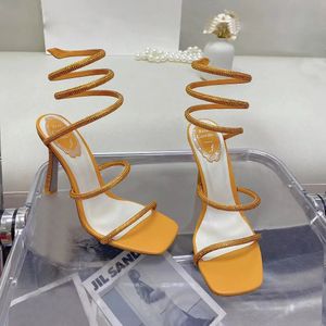 Rene caovilla Cleo rhinestones-studded stiletto sandals 95mm Square head Snake Strass Ankle Wraparound stiletto women's high heels luxury with box #0699