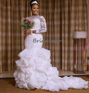 Gorgeous White Mermaid Wedding Dresses With Organza Ruffles Tiered Bottom Long Sleeve Lace Garden African Plus Size Wedding Dress 4109936