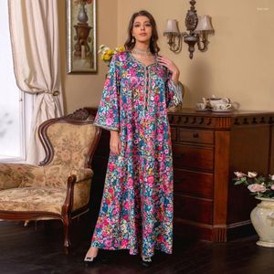 Roupas étnicas Vestido modesto para mulher elegante casual primavera floral impresso vestidos longos com decote em v fita de renda moda muçulmana abaya jalabiyat