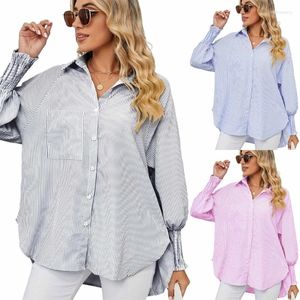 Women's T Shirts Women V-Neck Striped Button Down Oversized Smocked Cuffs Puff Long Sleeve Tunics Tops High Low Blouse With Pockets