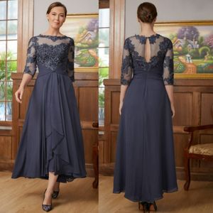 Vestidos cinza escuro para mãe da noiva, comprimento T, mangas 3/4, vestido de renda com contas e lantejoulas, para mulheres negras árabes, roupa de convidada de casamento, tule em camadas AMM021