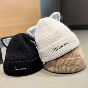 Beanie/Skull Caps Warm Winter Hat Lovely Cat Ear Women Beanie Black Grey Knitted Wool Cap Girl Soft Plush Feel Fashion Style Knitted Hat CP054 240125