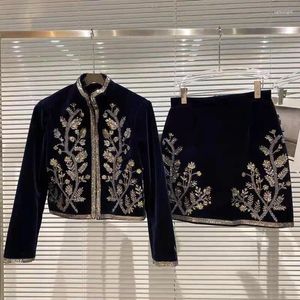 Work Dresses Fall Winter Sequins Embroidery Black Velvlet Women Jacket Coat Elegant Sparkling Glitter Mini Skirt 2 Piece Set Outfits Q813