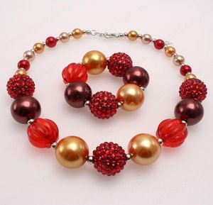 Kids Chunky Pearl Beaded Necklace Red Rhinestone Bubblegum Bracelets For Girls Children Jewelry Party Gift2567306