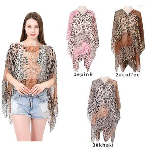 Lenços sexy leopardo impresso chiffon xale imitação de seda lenço muçulmano verão proteção solar poncho ao ar livre praia biquíni capa