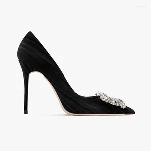 Модельные туфли HLTINO, элегантные черные вельветовые туфли-лодочки с квадратной пряжкой ремня, стразами, женские пикантные туфли на высоком каблуке, вечерняя вечеринка, осень-зима