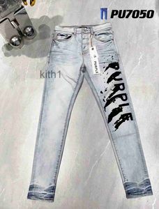 Mäns jeans Nytt lila med etiketttryck High Street Slim Fit Hip-Hop Designer Brand Pants Light Blue 231215 5Kyy