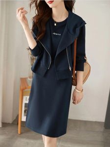 Work Dresses Fashion Skirt Sets 2024 Autumn Solid Zipper Hooded Coat Sleeveless Dress Two Piece Womens Outifits Clothing