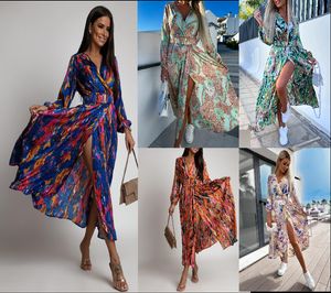 2024 새로운 패션 프린트 v- 넥 긴 소매 드레스 여자 벨트