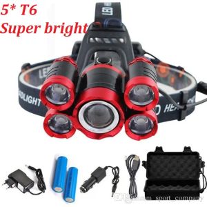 15000 Lumens 5 LED -strålkastare T6 -strålkastare 4 -lägen Zoomable LED -strålkastare Uppladdningsbar Head Lamp ficklampa 2st 18650 Batteri AC DC Charger ZZ