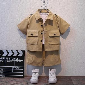 Clothing Sets Summer Kids 2024 Boys Suit Child Buttons Shirt Cargo Shorts Multi-pocket Workwear Short Sleeve Cotton Set