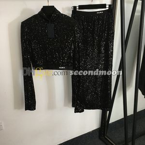 Shiny Sequin Dress High Waist Long Skirt High Collar t Shirts Party Sexy Two Piece Dresses