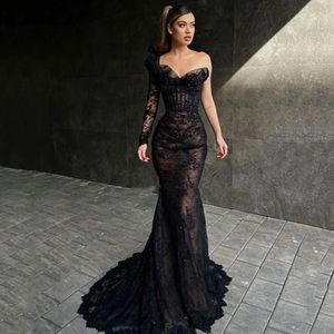 Элегантное длинное черное вечернее платье русалки с одним рукавом, милое кружевное вечернее платье для выпускного вечера для женщин, ночная рубашка, Robe De Soiree