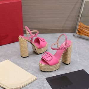 Sandali di lusso da donna Sandali estivi con fibbia a V Tacchi alti Piattaforma impermeabile Corda di canapa intrecciata Tacchi spessi Scarpe a blocchi di colore