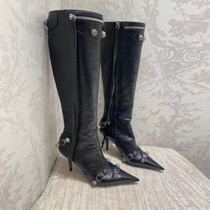 Cagole stud buckle embellished textured-leather heels knee boots side zip shoes pointed Toe stiletto heel tall boot luxury designers shoe for women factory