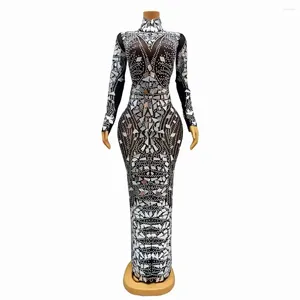 Stage Wear Sexy Shining Silver Rhinestones Mirrors Birthday Celebrate Dress Singer Dance See Through Black Mesh Stretch Po Shoot