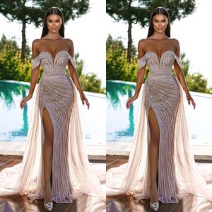 Glitter Off Shoulder Mermaid Evening Dresses Detachable Train Side Split Prom Gowns Sequined Custom Made Party Dresses