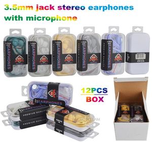 Fones de ouvido estéreo jack de 35 mm com microfone com várias cores adequados para fone de ouvido musical de smartphone em caixa de plástico com código de barras UPC1796089