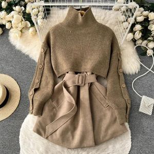 Work Dresses High Neck Button Knit Pullover Sweater Undershirt Dress Set Fall And Winter Fashion Temperament Tie Top Skirt Two-piece