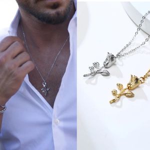 KLASSISCHE ANHÄNGER-Halskette aus 14-karätigem Weißgold mit einer einzigen Rose für Herren und Damen, stapelbar oder zum Solo- und Lagen-Tragen von Schmuck