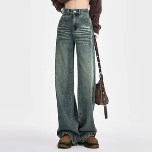 Calças de brim femininas soltas em linha reta lazer calças femininas calças largas com cintura alta estilo menina streetwear moda vintage denim