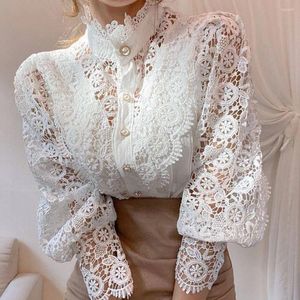 Kadın Bluzları 2024 Sonbahar/Kış moda Hollow Out Gömlek Dantel Alt Katı Fırfır Kenarı Yarım Yaka Kadınlar